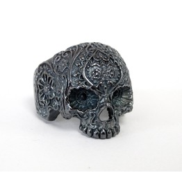 .925 Oxydized Sterling Silver Skull Sugar Flower Ring-Rings